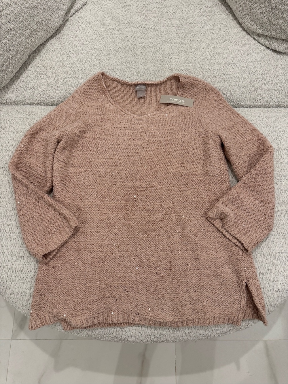 NWT Chico's Dusty Rose Shine V Neck Knit Pullover Sweater
